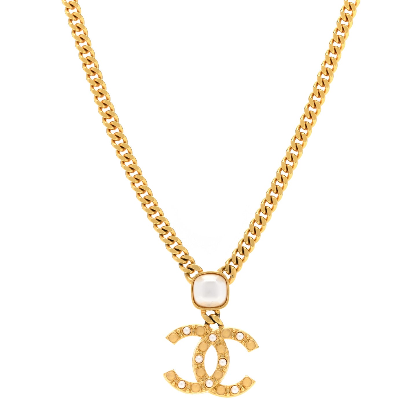 Metal Pearl CC Chain Pendant Necklace Gold