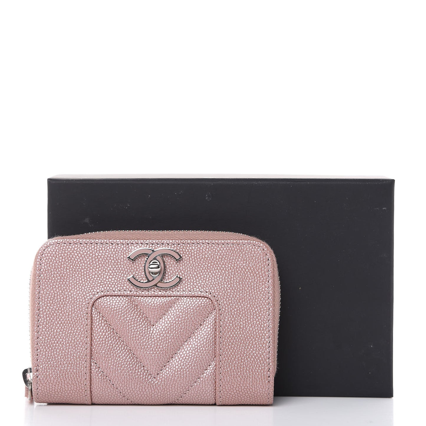 Metallic Caviar Chevron Quilted Vintage Mademoiselle Zip Coin Purse Pink