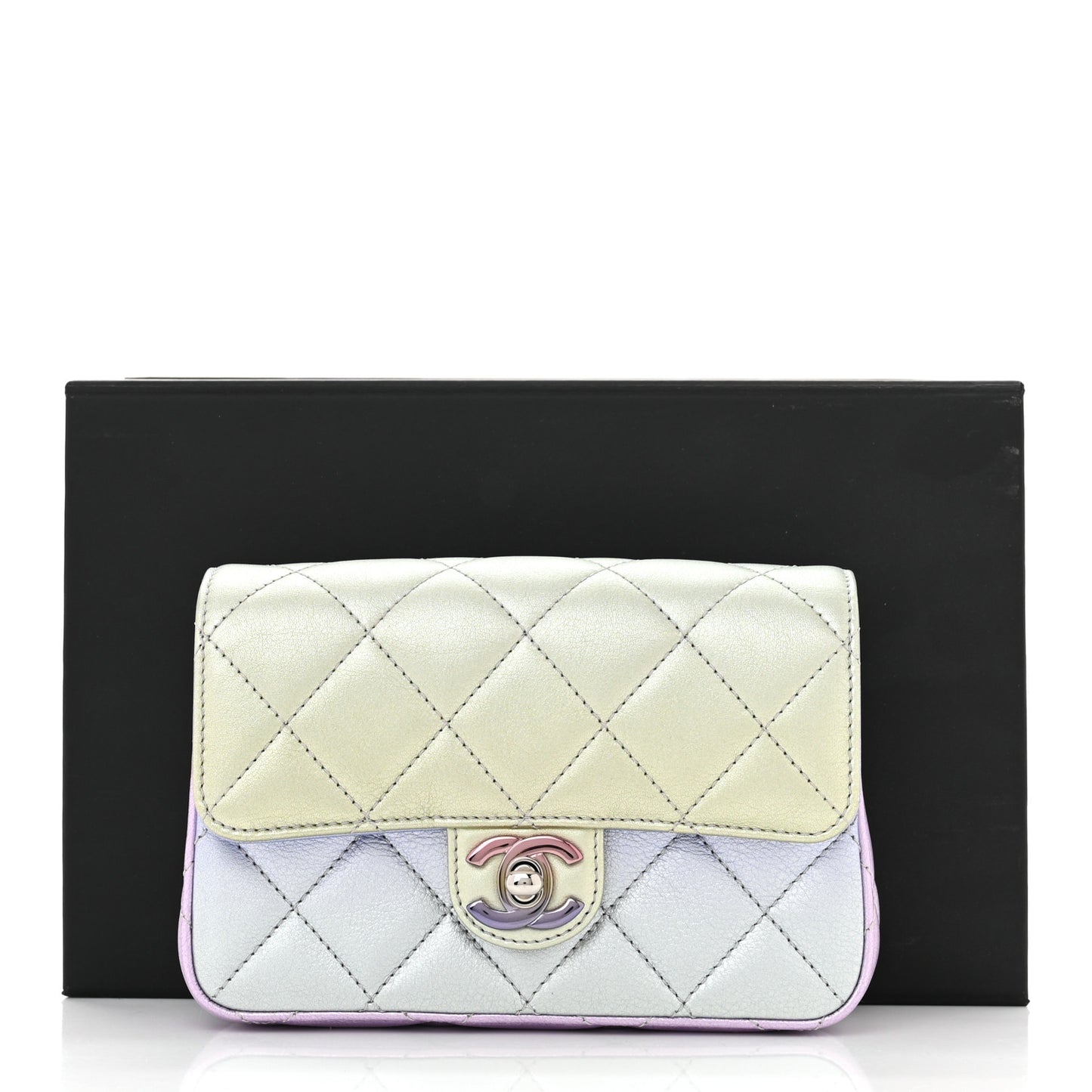 Gradient Metallic Calfskin Quilted Clutch Silver Blue Yellow Purple