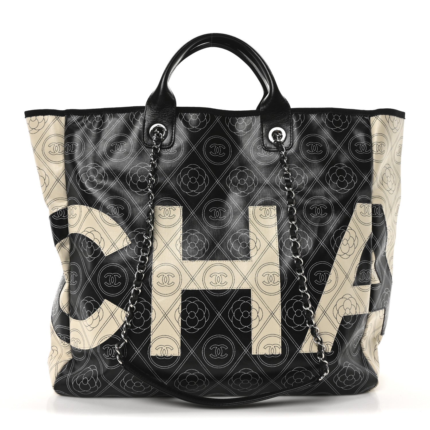Chanel Coated Canvas Camellia Medium Shopping Tote Black Beige 1 of 9