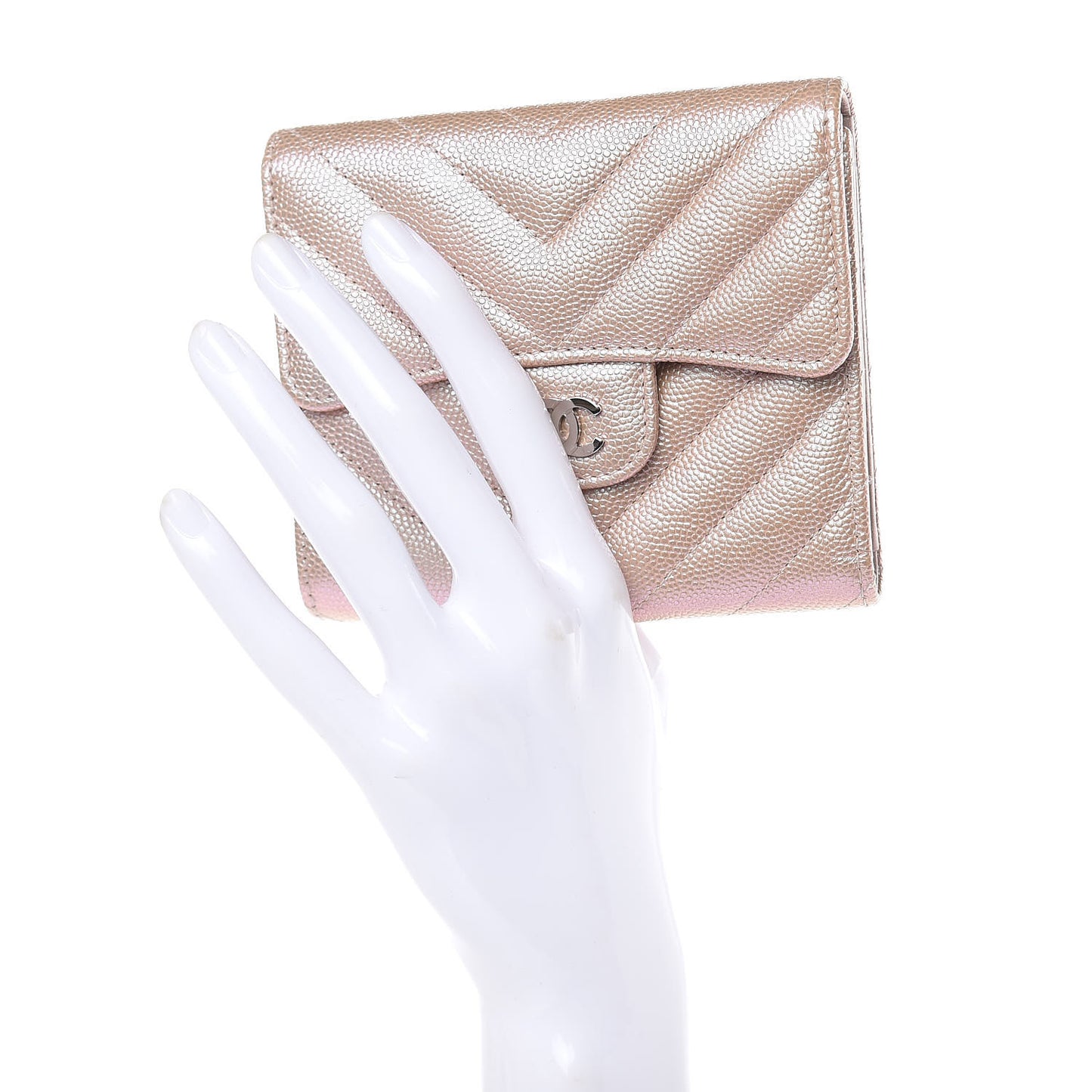 Metallic Caviar Chevron Quilted Compact Flap Wallet Light Gold