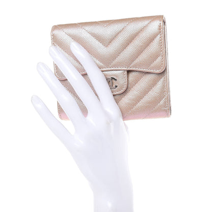 Chanel Metallic Caviar Chevron Quilted Compact Flap Wallet Light Gold 2 of 8
