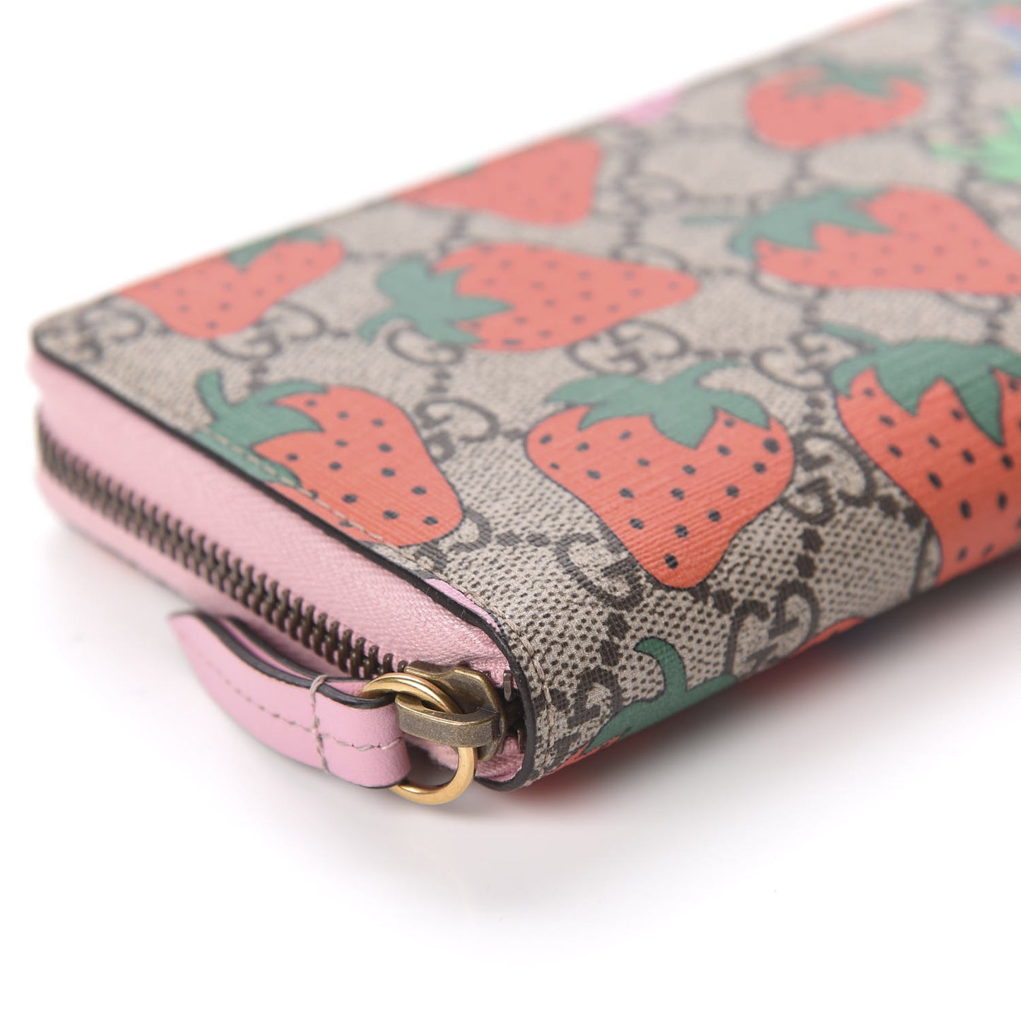 GG Supreme Monogram Strawberry Zip Around Wallet Light Pink
