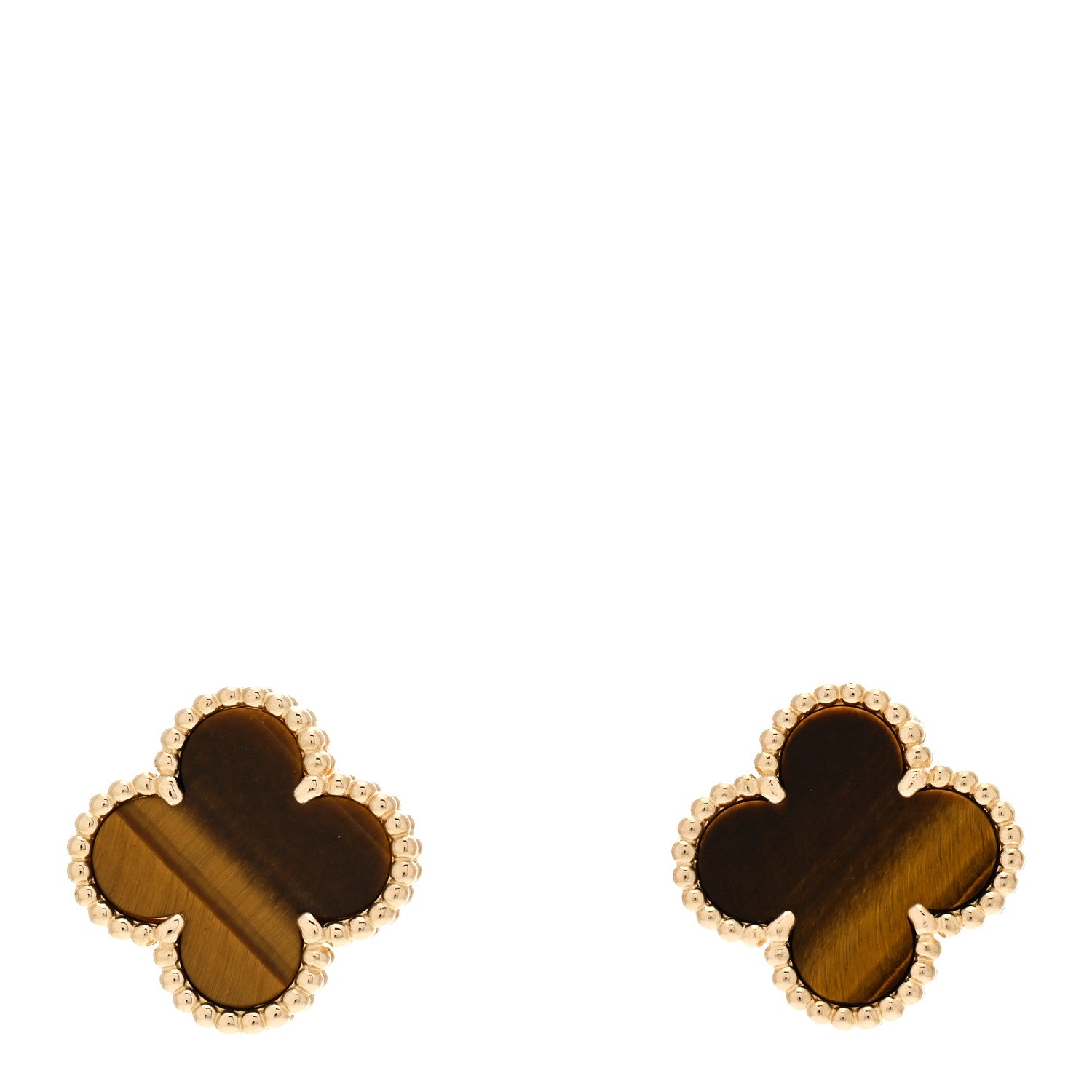 Van Cleef & Arpels 18K Yellow Gold Tiger's Eye Vintage Alhambra Earrings 1 of 6