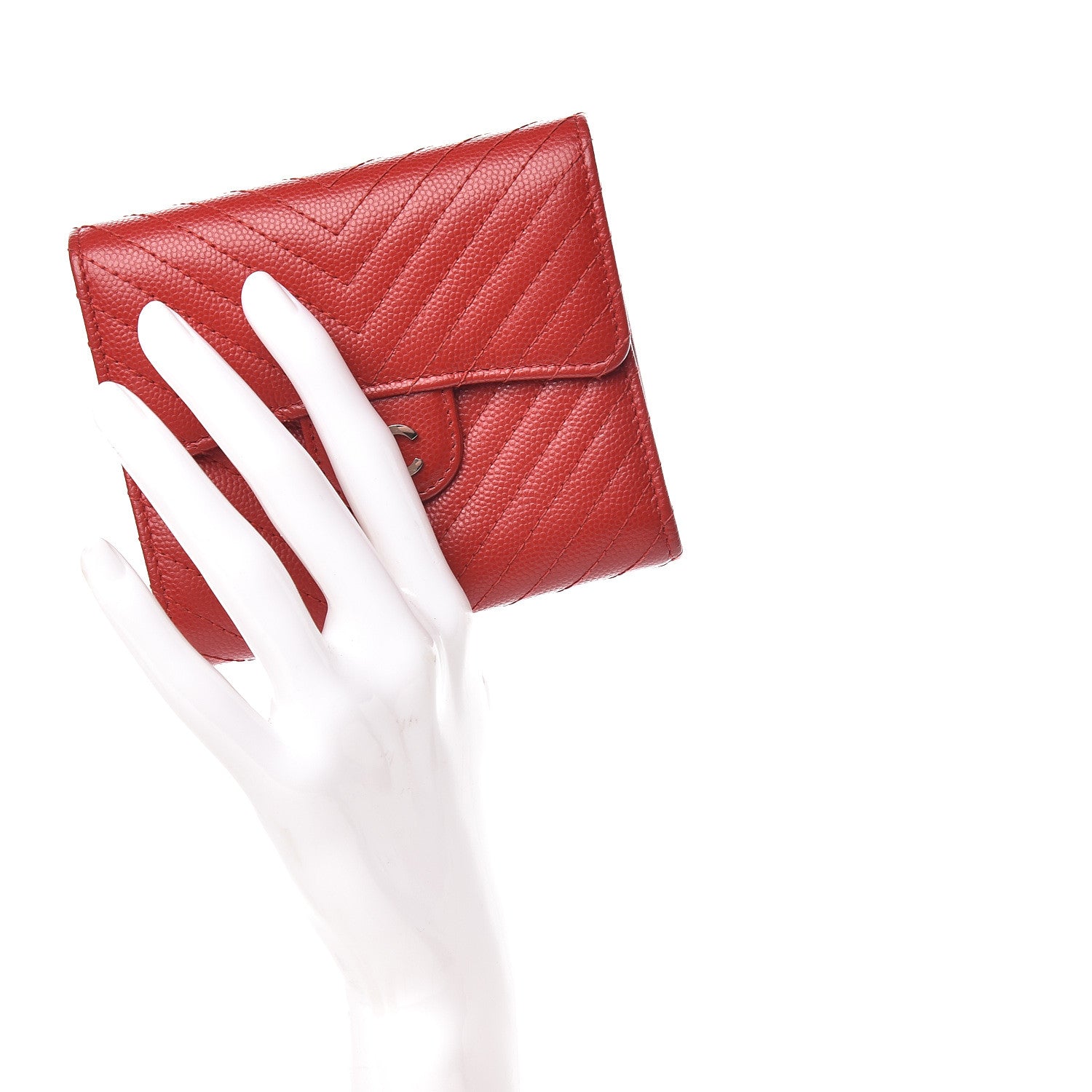 Chanel Caviar Chevron Quilted Compact Flap Wallet Dark Red 2 of 10
