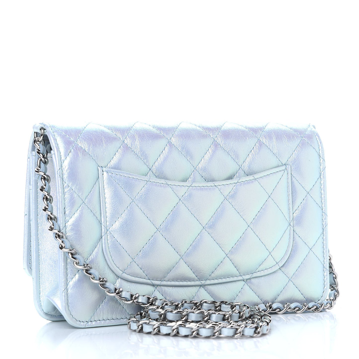 Iridescent Calfskin Quilted Wallet On Chain WOC Light Blue