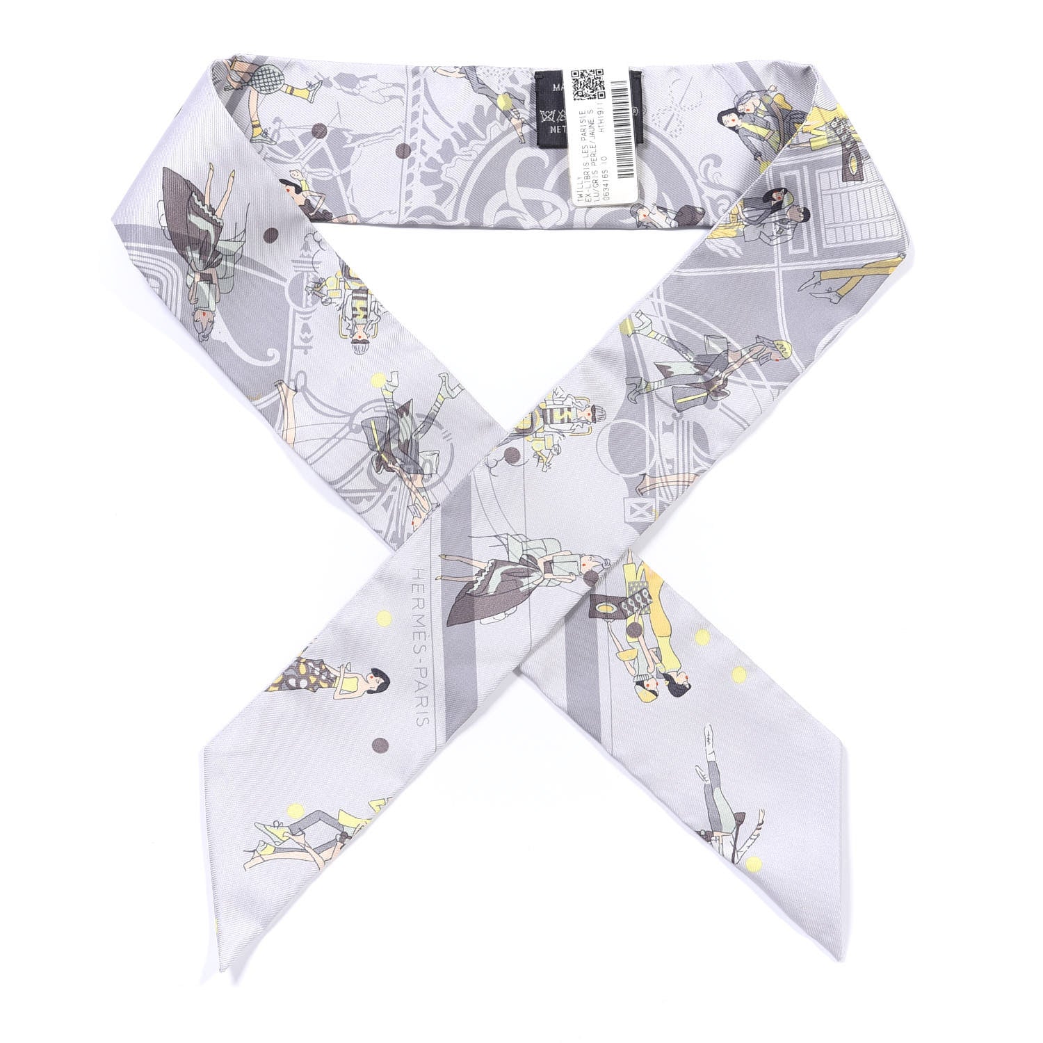 Hermes Silk Ex-Libris Les Parisie Twilly Gris Perle Jaune Soufre 2 of 8