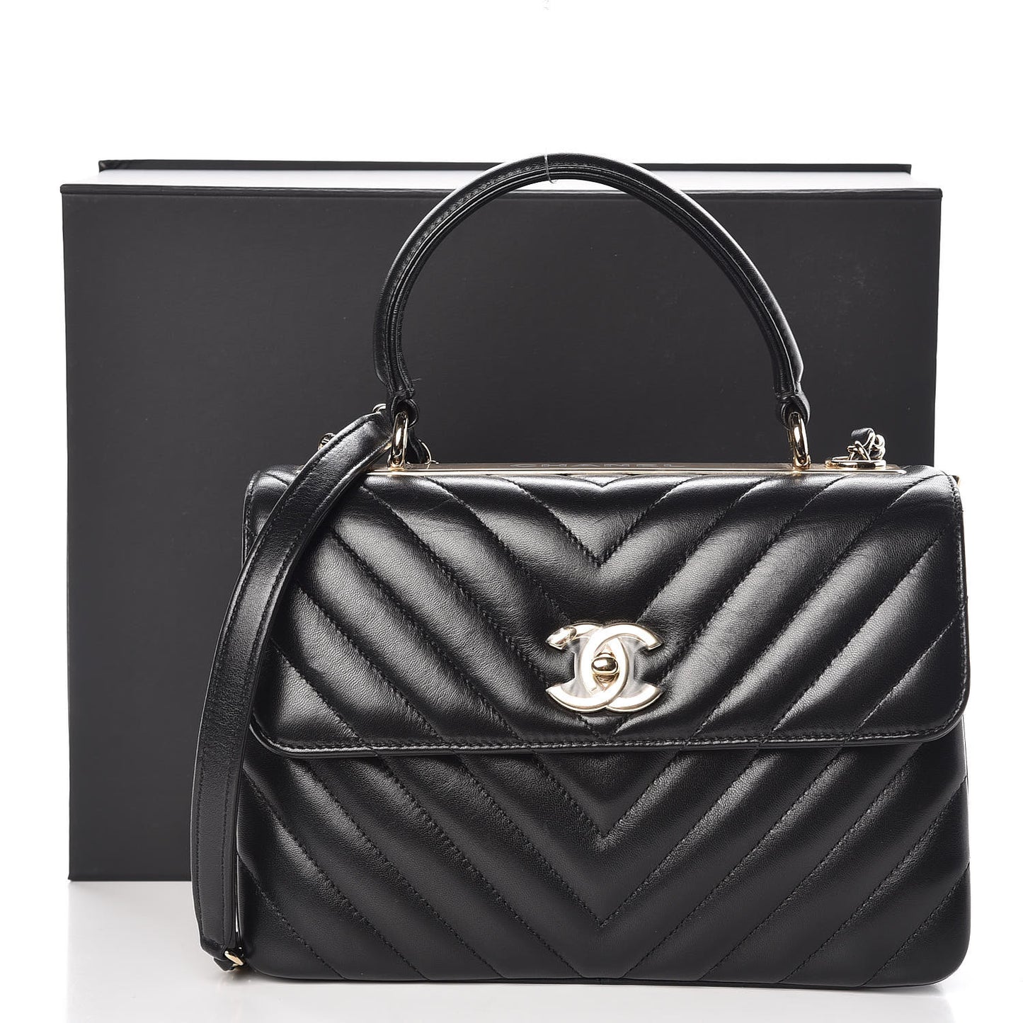 Lambskin Chevron Quilted Small Trendy CC Dual Handle Flap Bag Black