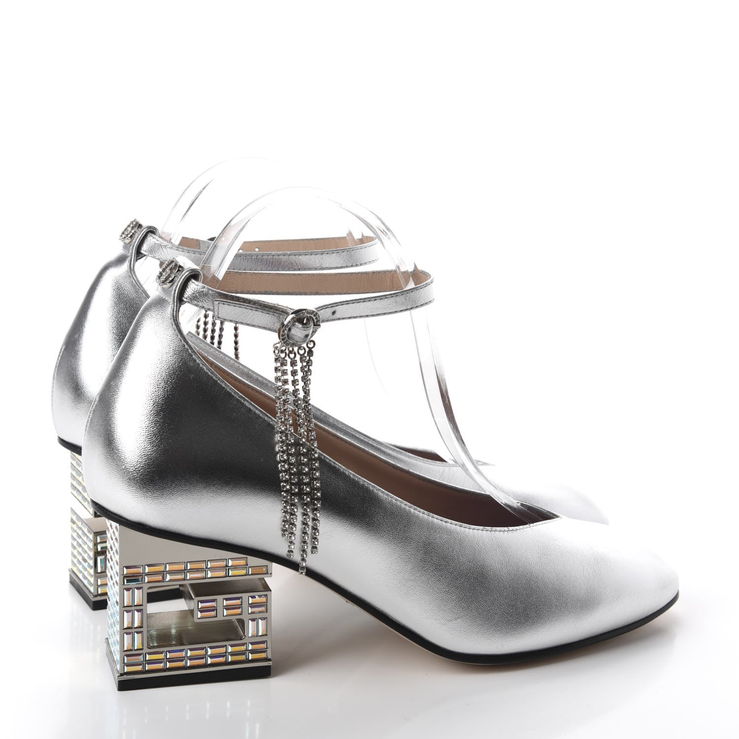 Gucci Metallic Nappa Crystal Square G Mid Heel Pumps 40 Silver 4 of 10