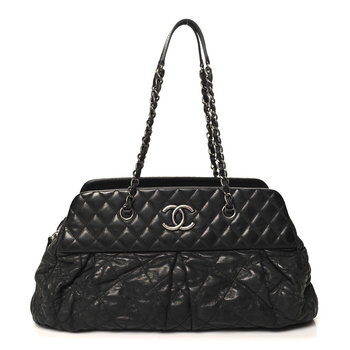 Iridescent Calfskin Chic Quilt Bowling Bag Black