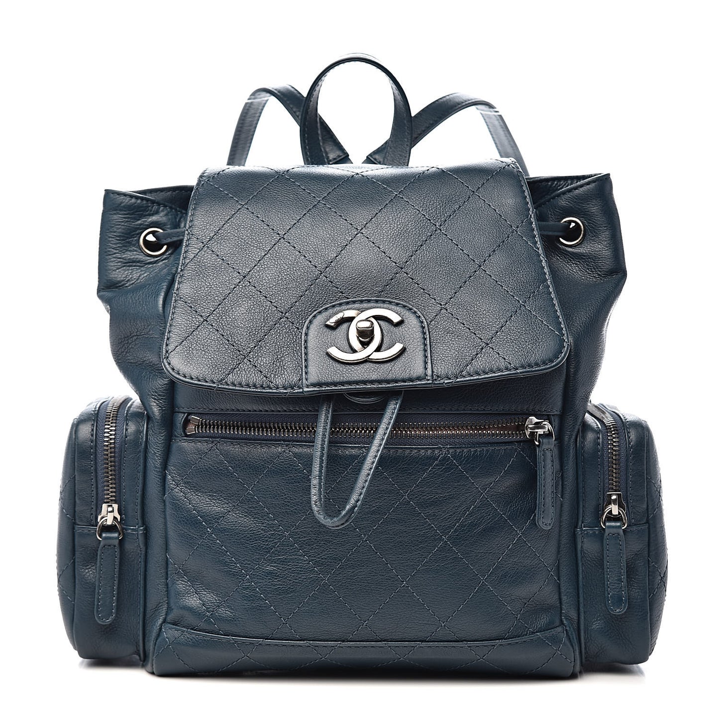 Grained Calfskin Stitched Pocket Backpack Dark Blue