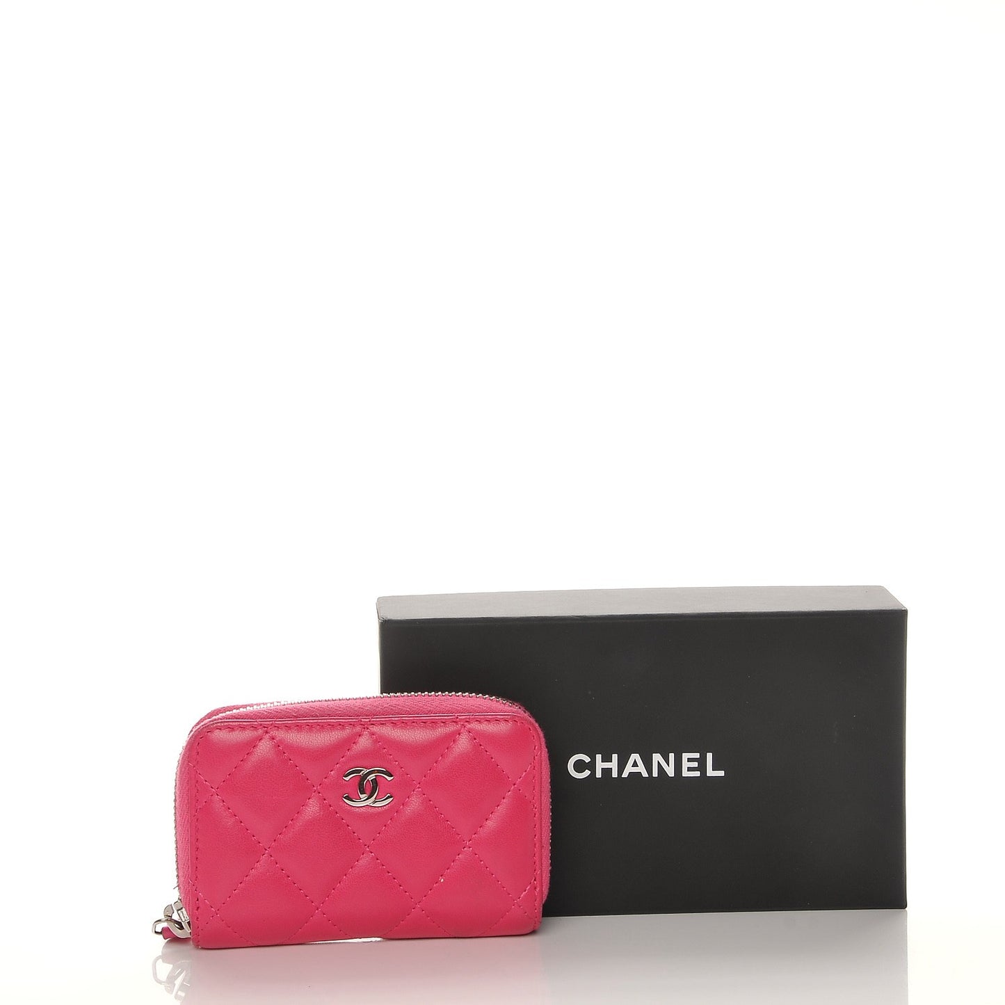 Lambskin Quilted Zip Around Coin Purse Wallet Fuchsia