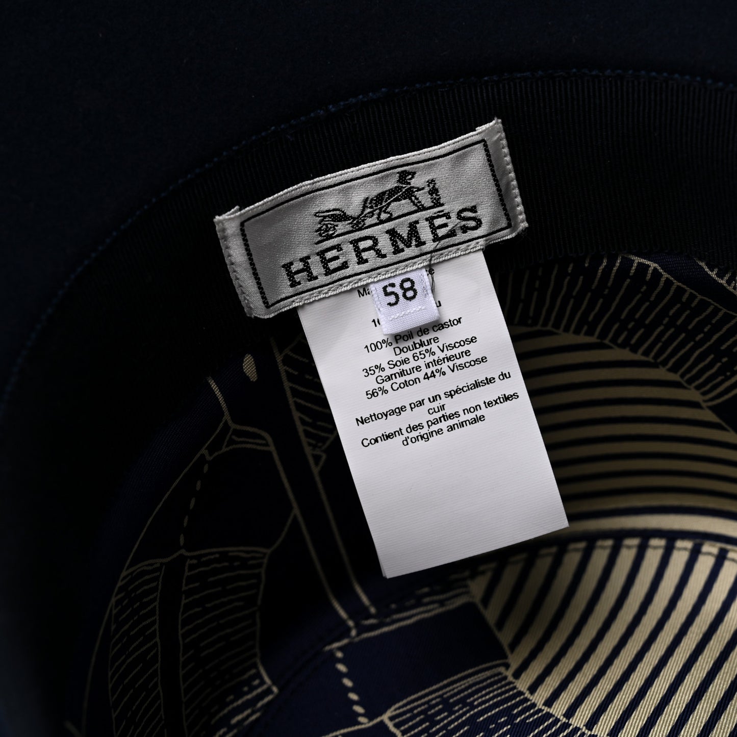 Beaver Felt Swift Glossed Lambskin Very Kelly Hat 58  Black Bleu Nuit