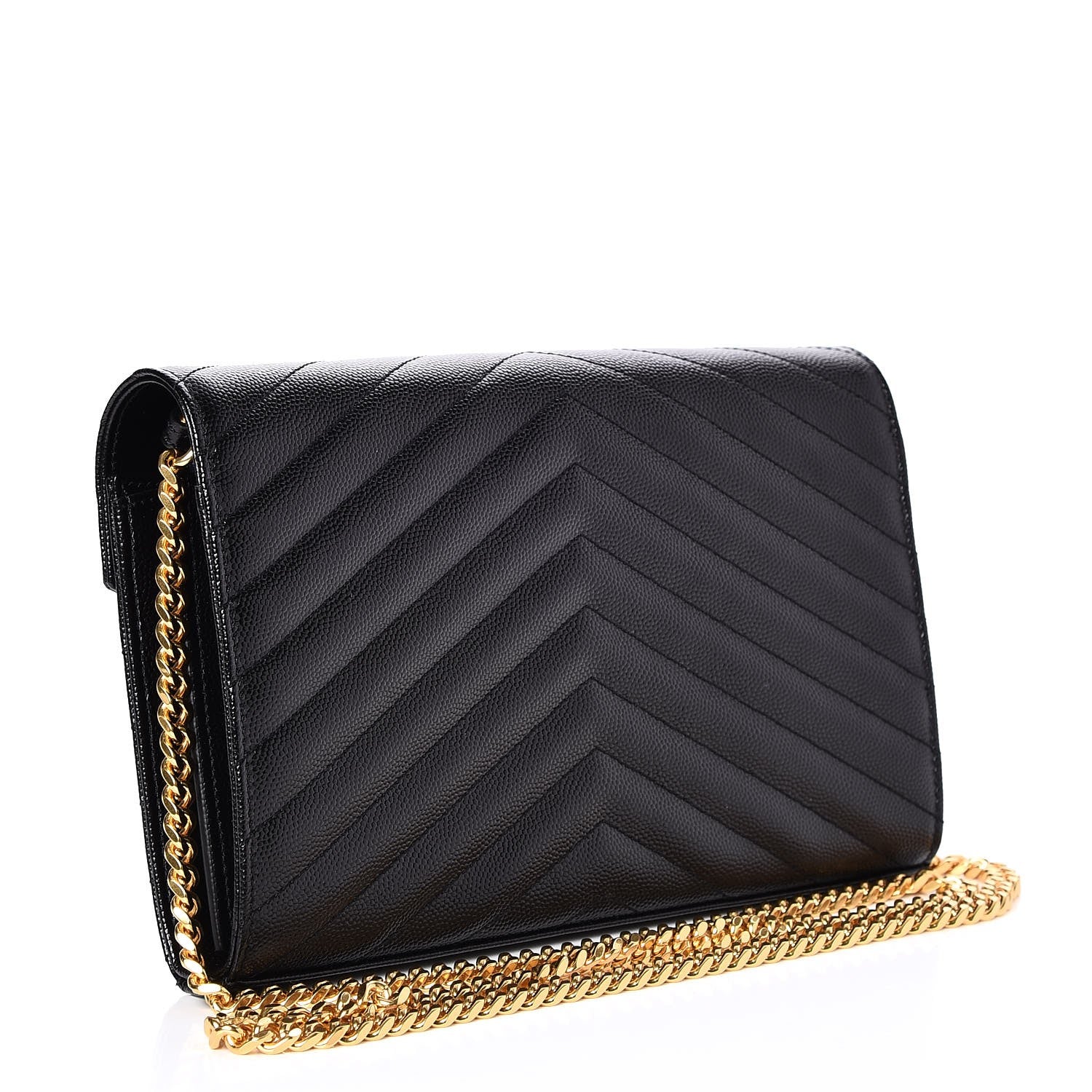 Saint Laurent Grain De Poudre Matelasse Chevron Monogram Chain Wallet Black 3 of 8