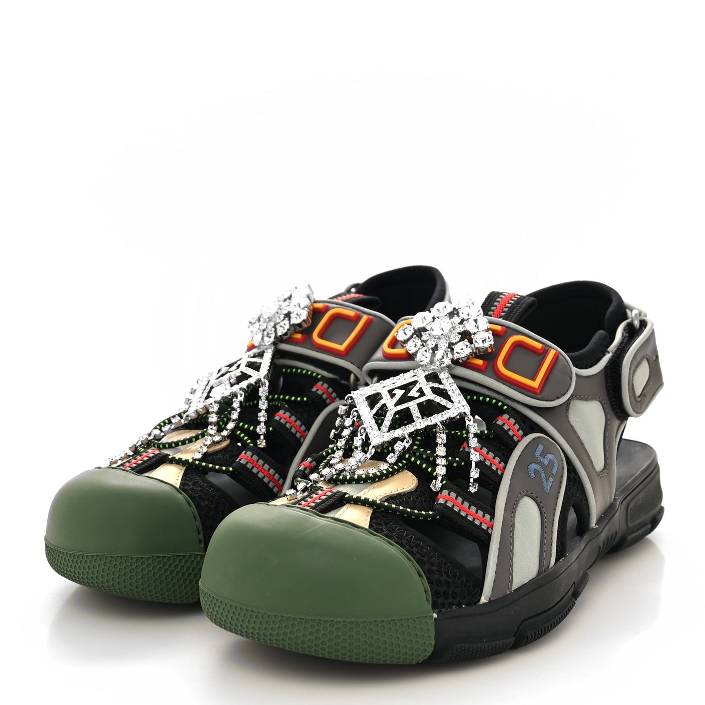Mesh Fabric Tinsel Sport Sandals 35 Black Silver Green