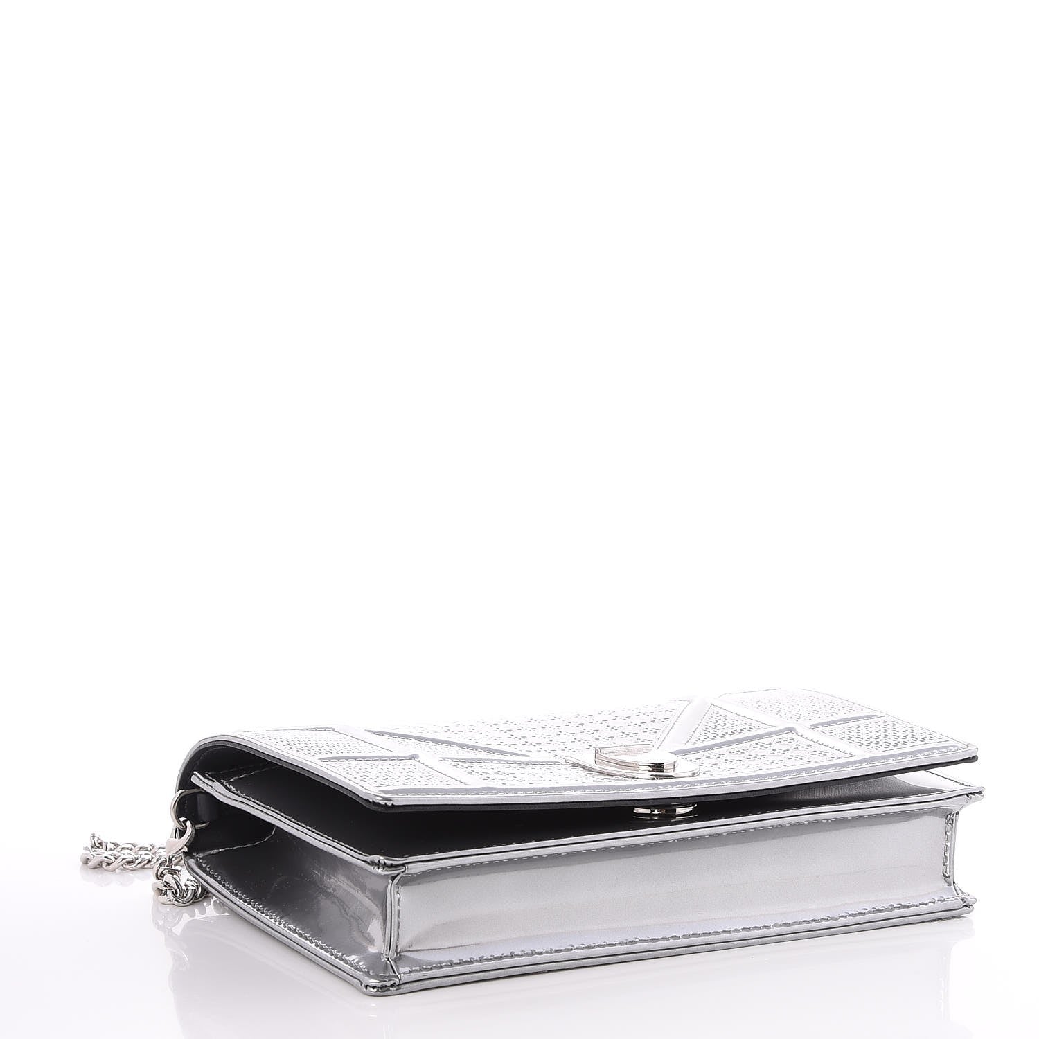 Christian Dior Metallic Patent Micro-Cannage Diorama Wallet on Chain Pouch Silver 4 of 7