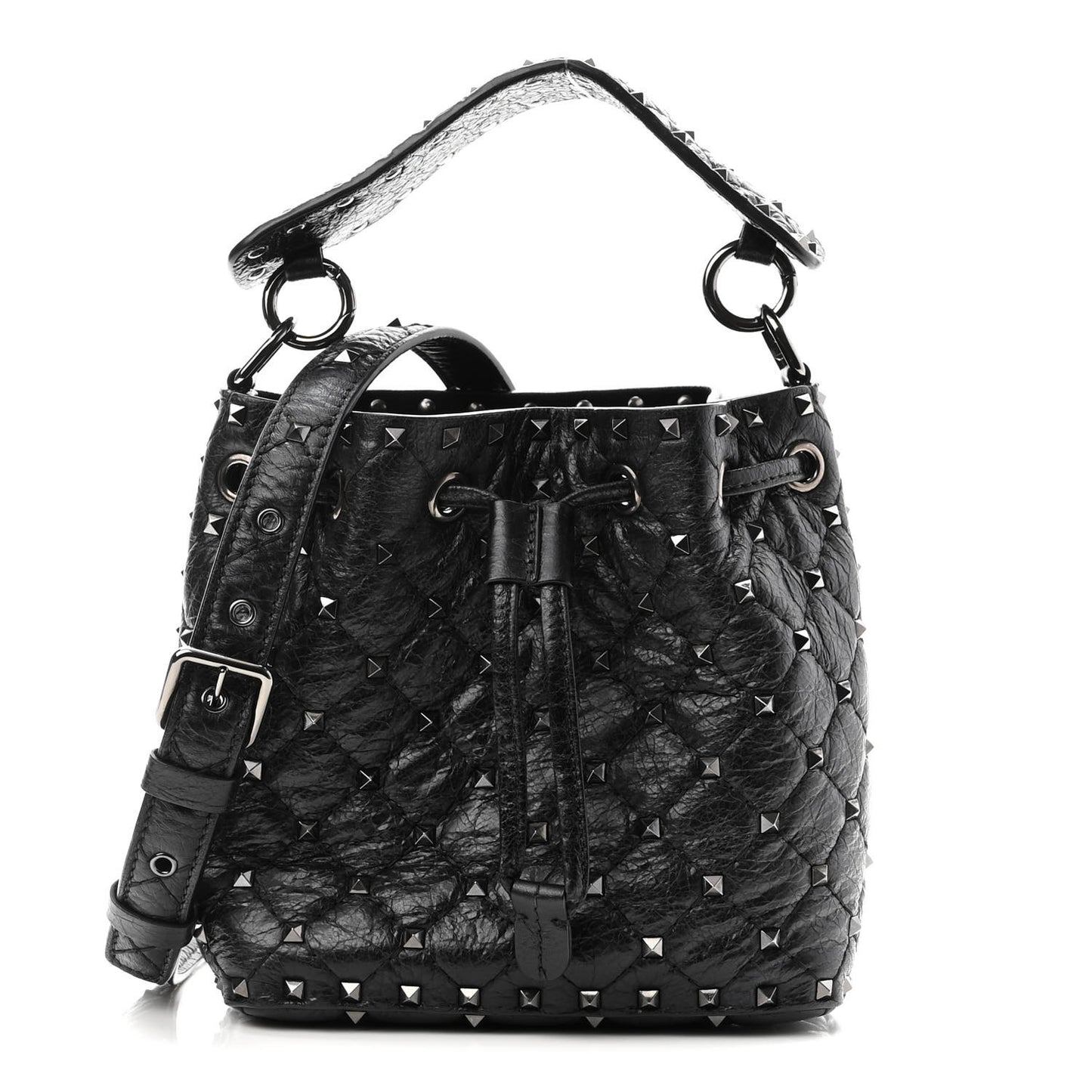 Craquele Nappa Small Rockstud Spike Bucket Bag Black