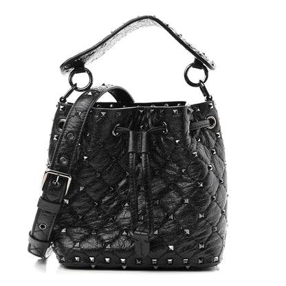 Valentino Garavani Craquele Nappa Small Rockstud Spike Bucket Bag Black 1 of 9