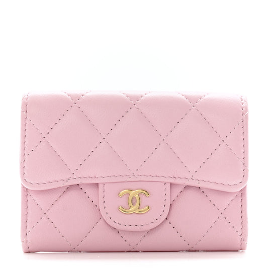 Lambskin Quilted Flap Card Holder Wallet Light Pink