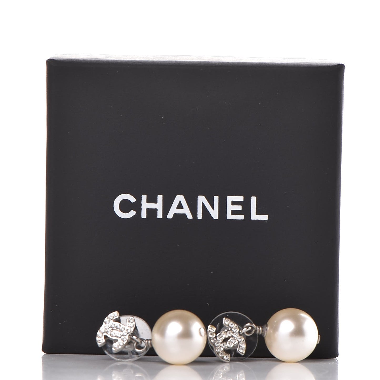 Crystal Pearl CC Drop Earrings Silver
