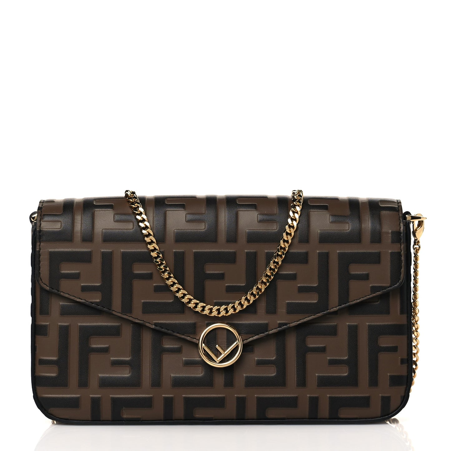 Vitello Soft F is Fendi Bi-Color FF 1974 Embossed Envelope Wallet On Chain with Pouches Maya Black