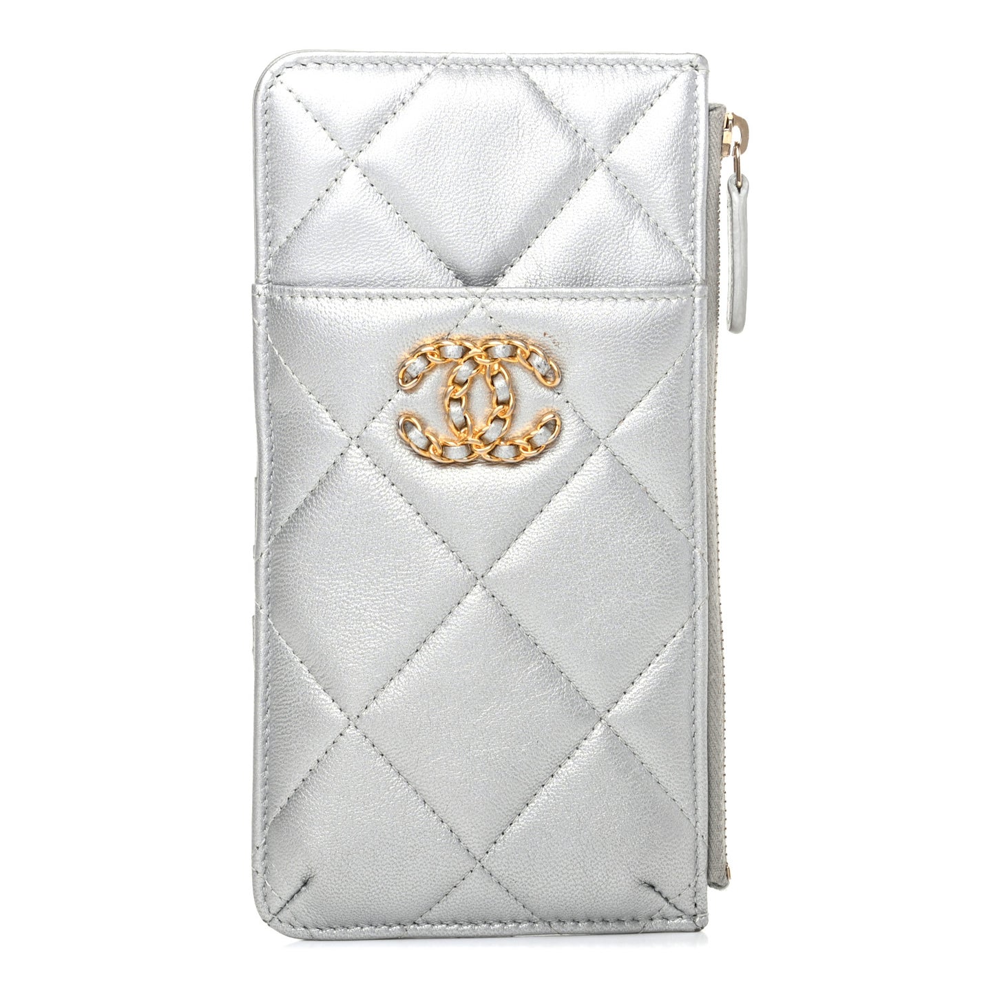 Metallic Goatskin Quilted Chanel 19 Flat Wallet Pouch Silver