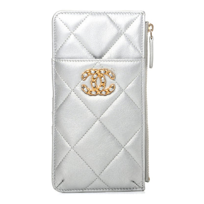 Chanel Metallic Goatskin Quilted Chanel 19 Flat Wallet Pouch Silver 1 of 9
