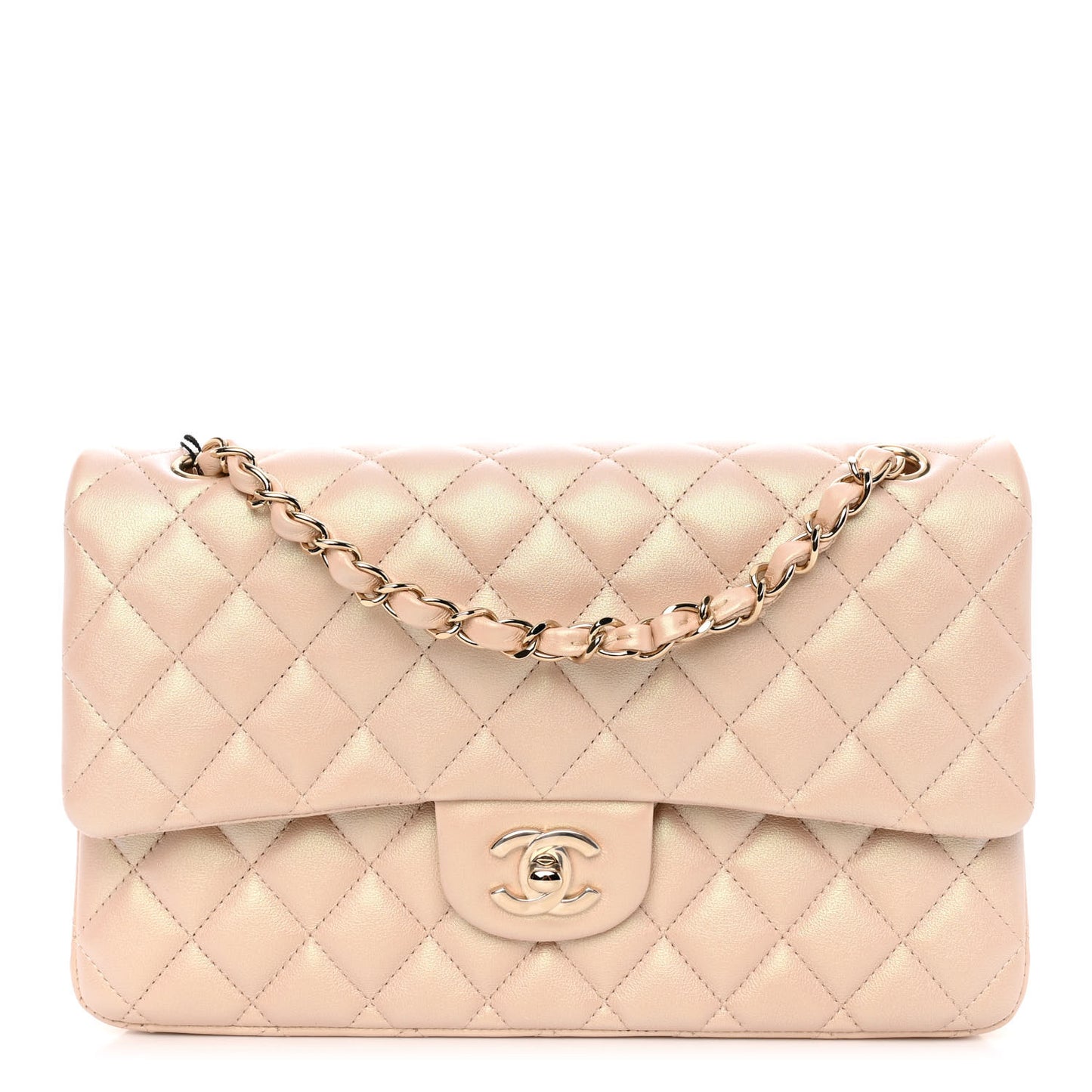 Iridescent Calfskin Quilted Medium Double Flap Beige