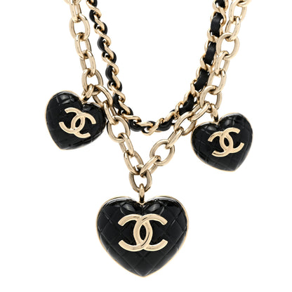 Chanel Metal Lambskin Resin Quilted CC Heart Necklace Black Gold 3 of 6