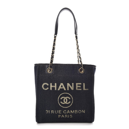 Chanel Lurex Canvas Mini Deauville Tote Navy Blue Gold 1 of 10