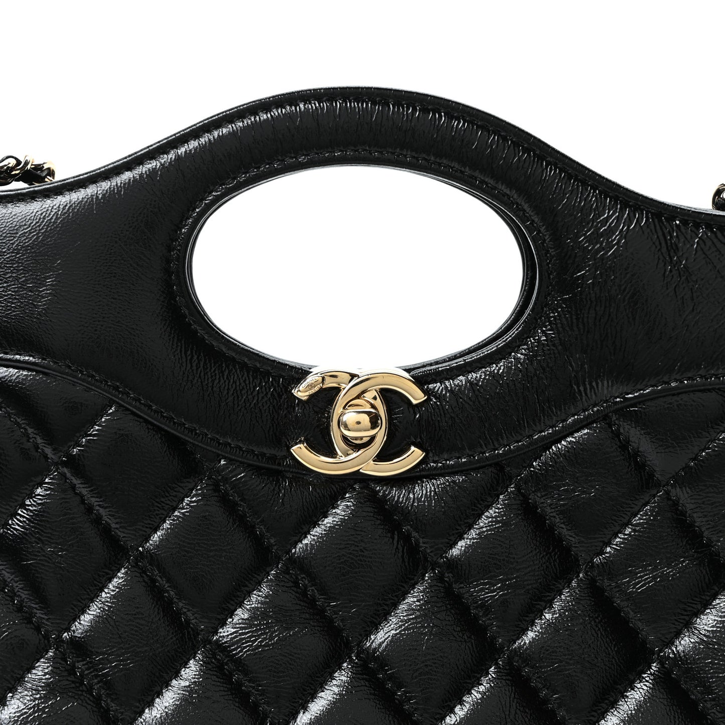 Shiny Crumpled Calfskin Quilted Mini 31 Shopping Bag Black