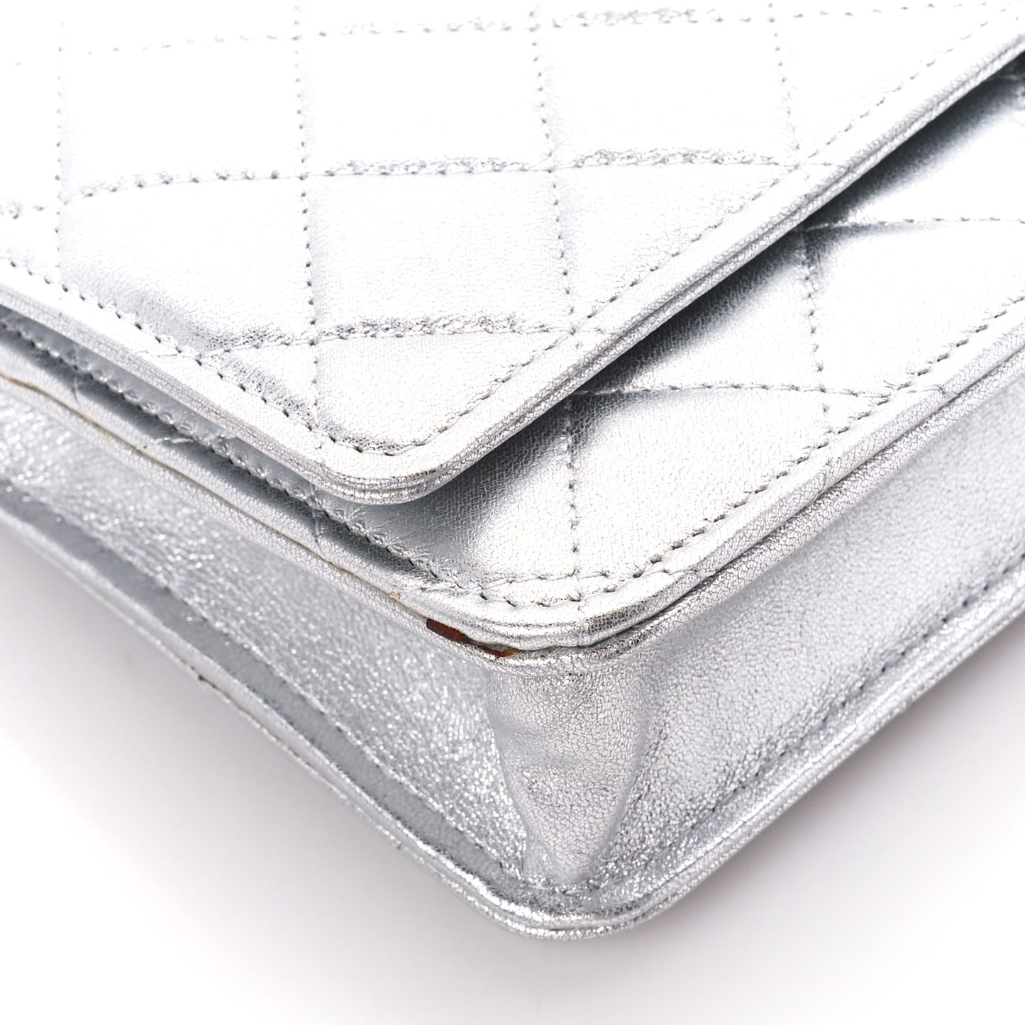Metallic Lambskin Quilted Wallet On Chain WOC Silver