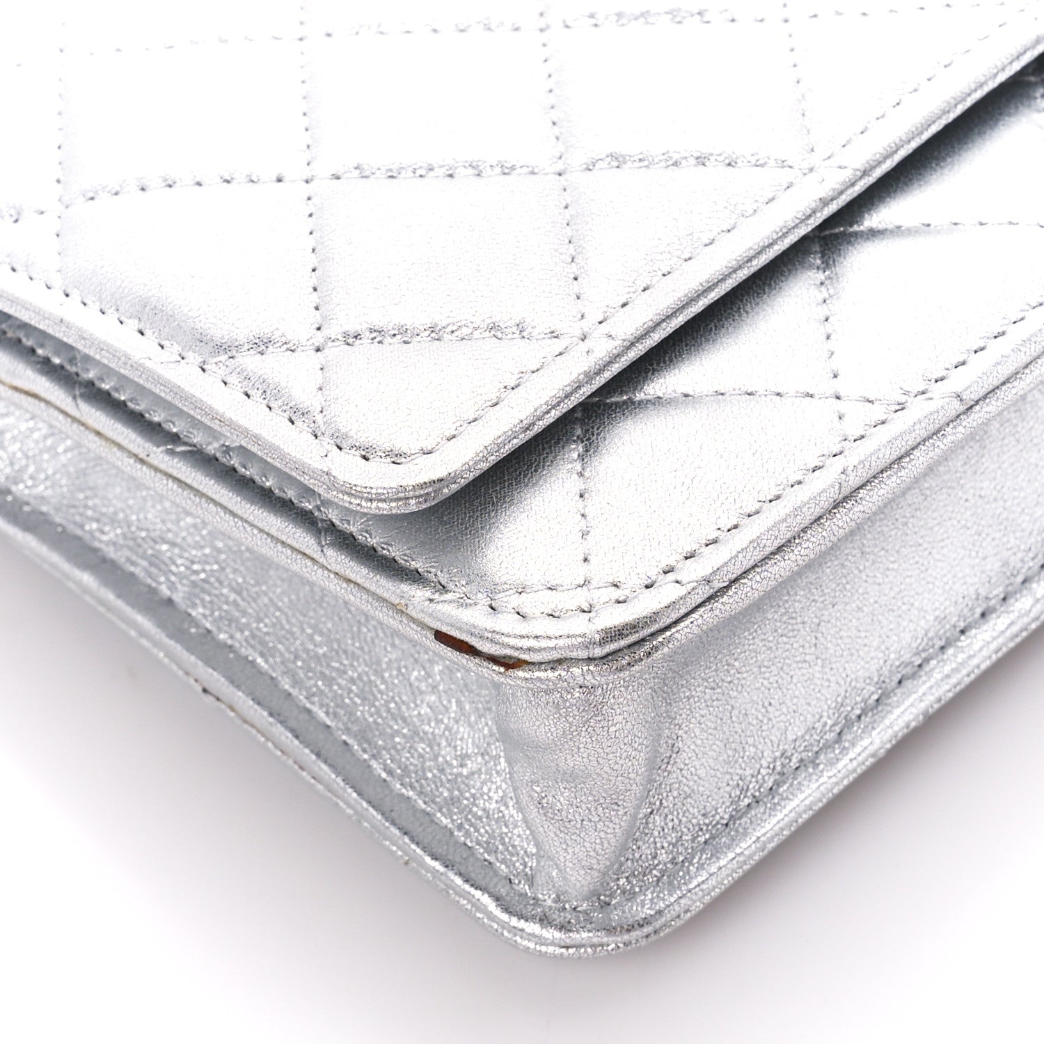Chanel Metallic Lambskin Quilted Wallet On Chain WOC Silver 9 of 13