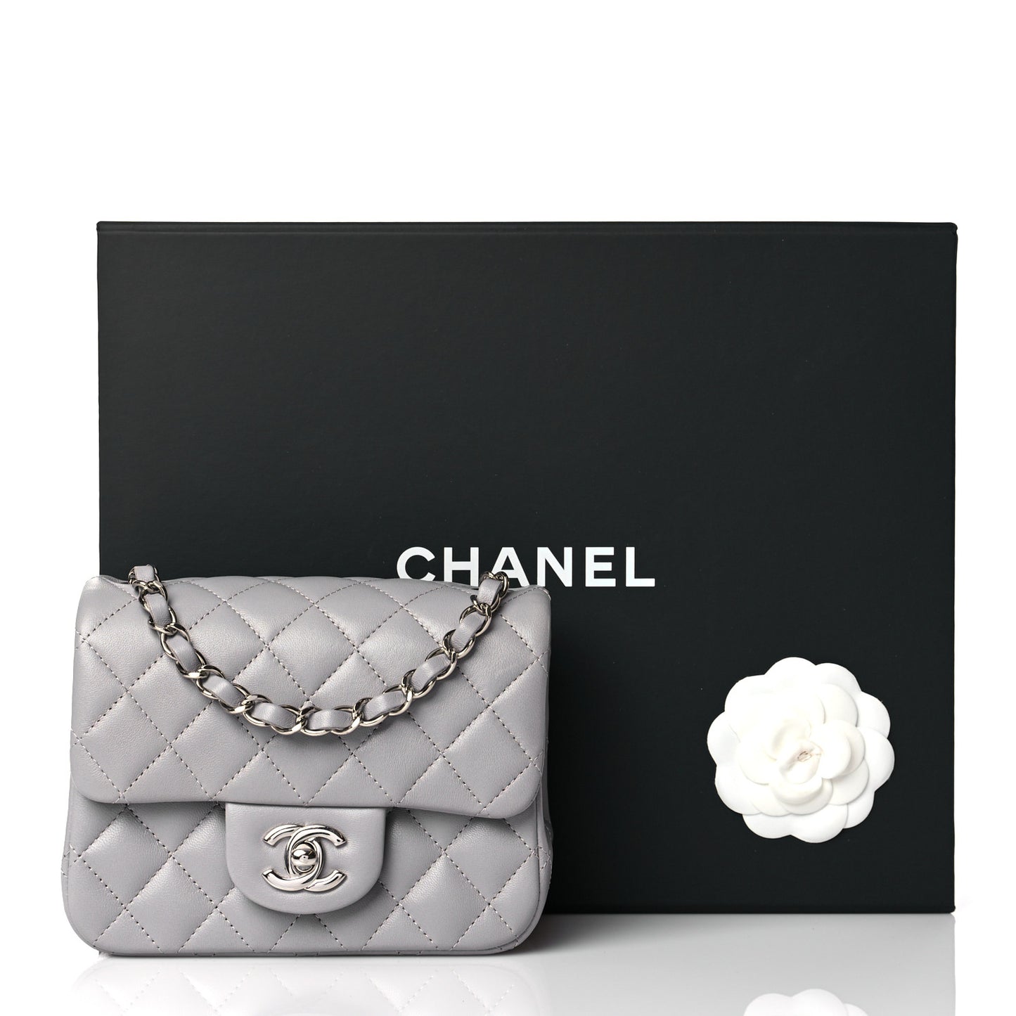 Lambskin Quilted Mini Square Flap Light Grey