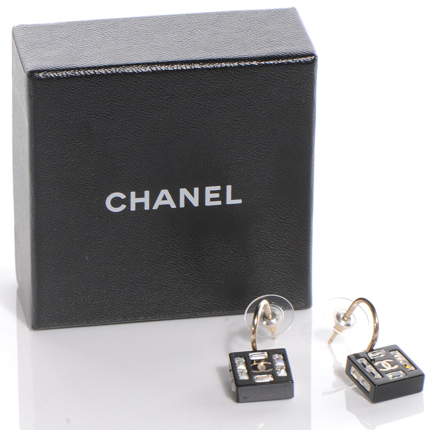 Resin Baguette Crystal Geometric Square CC Earrings Black