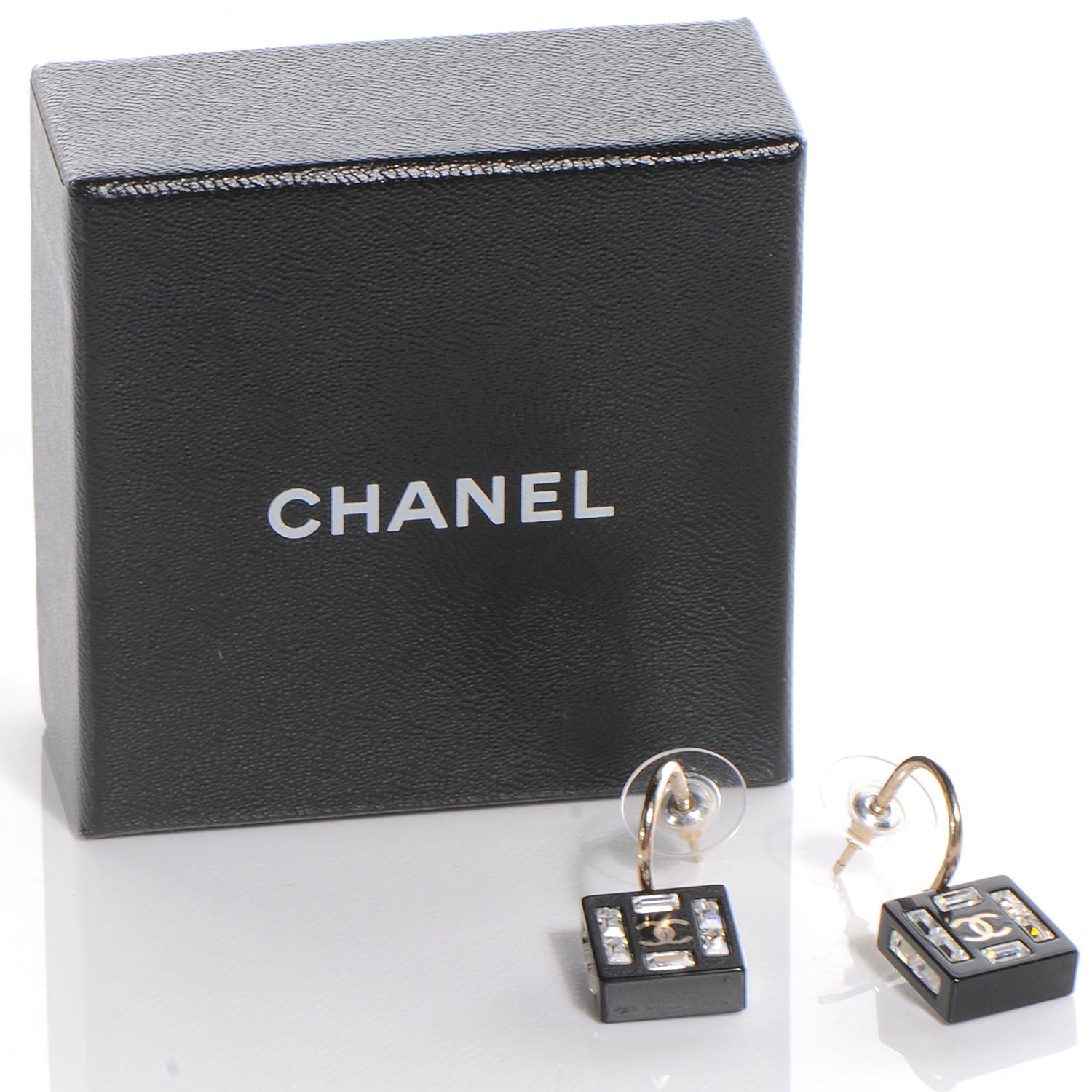 Chanel Resin Baguette Crystal Geometric Square CC Earrings Black 4 of 4