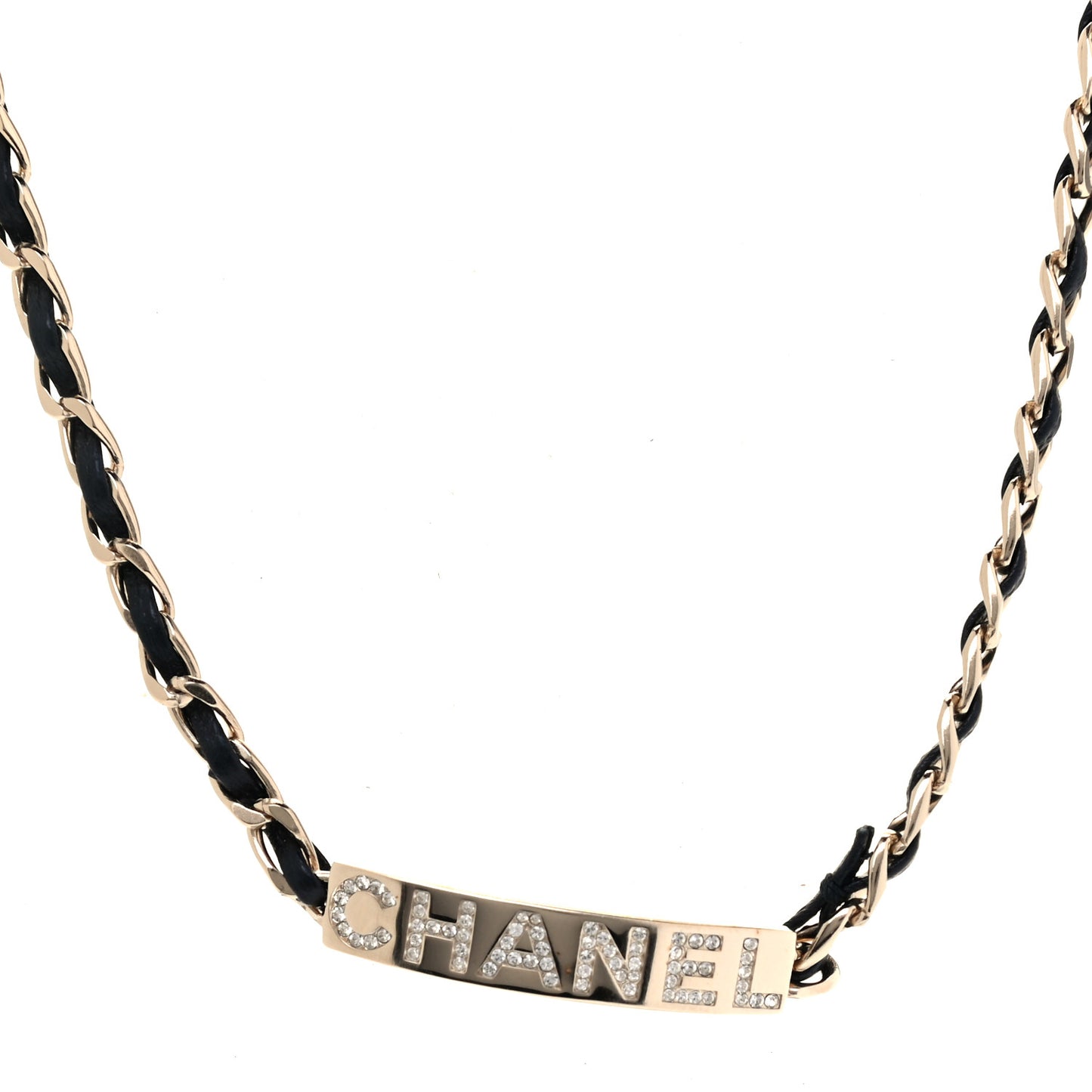 Metal Lambskin Crystal Sergeant Chanel Choker Necklace Black Gold