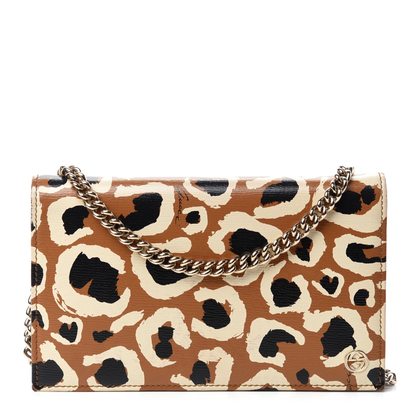 Patent Leopard Print Betty Chain Wallet Tobacco Black