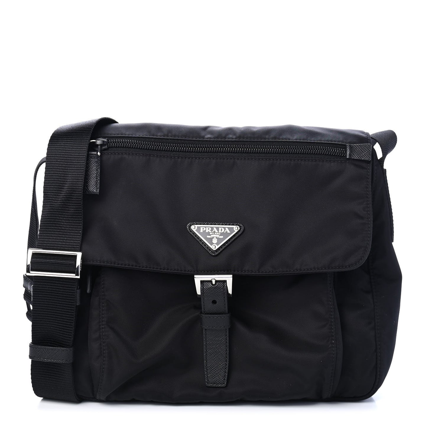 Nylon Vela Saffiano Single Buckle Messenger Shoulder Bag Black
