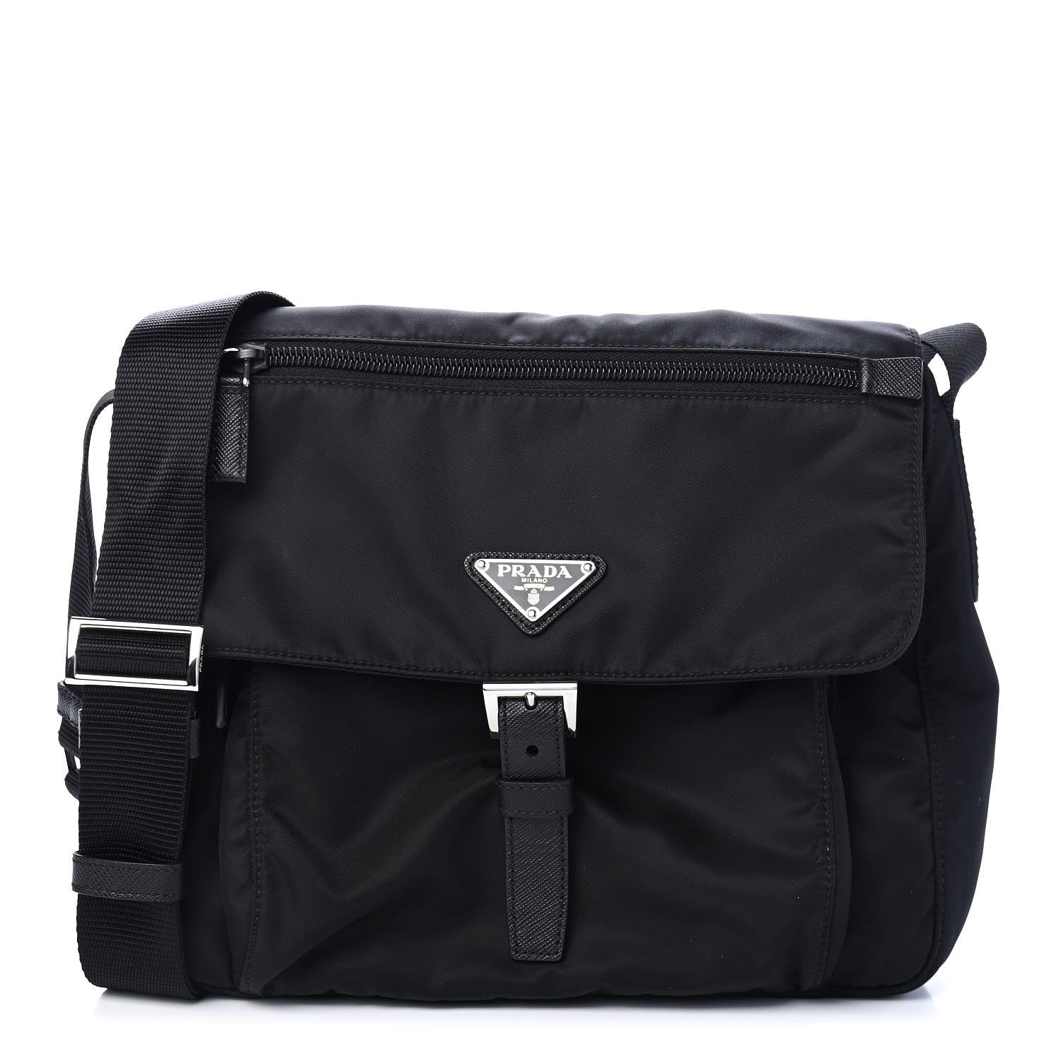 Prada Nylon Vela Saffiano Single Buckle Messenger Shoulder Bag Black 1 of 8
