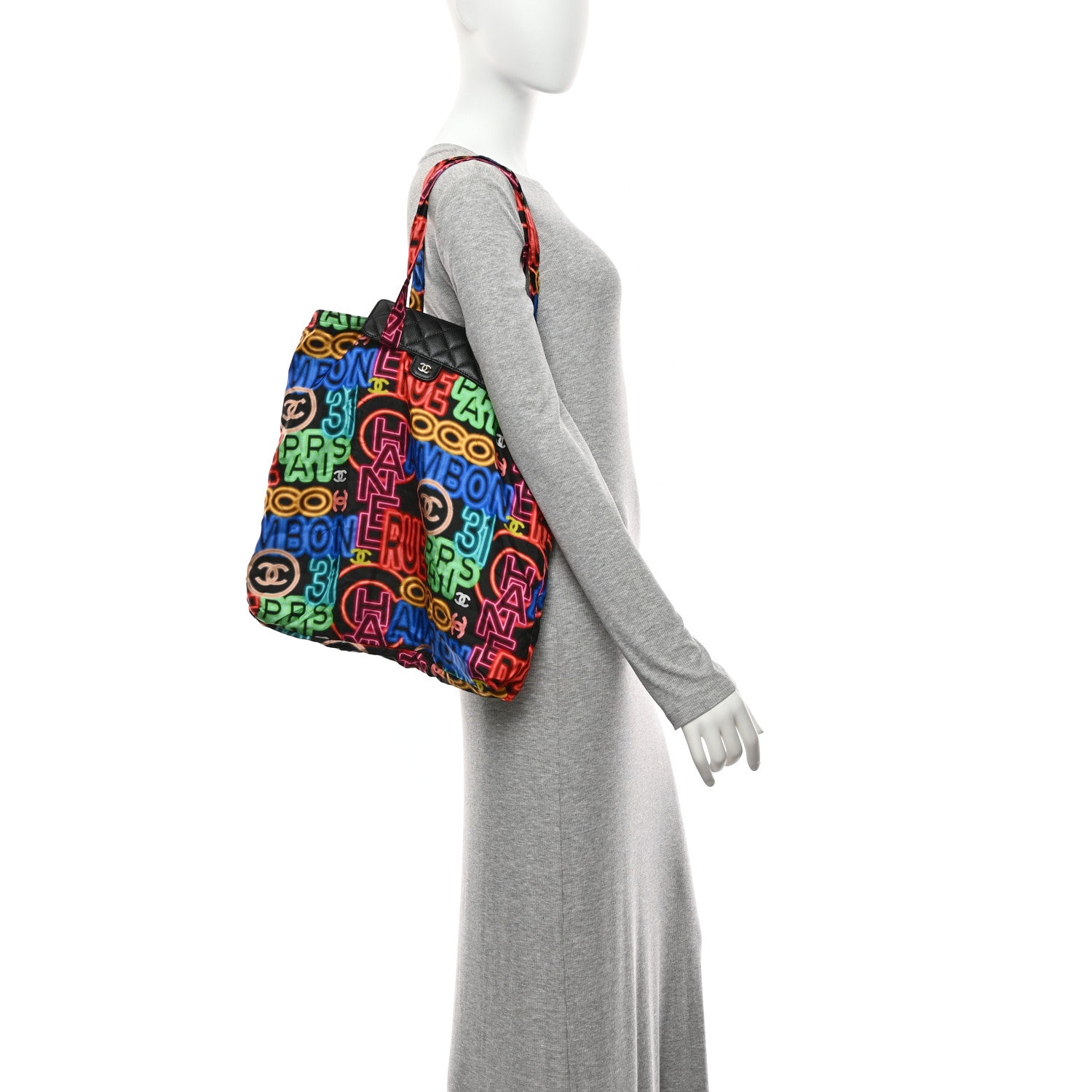 Chanel Caviar Fabric Graffiti Foldable Tote Bag With Chain Black Multicolor 2 of 19