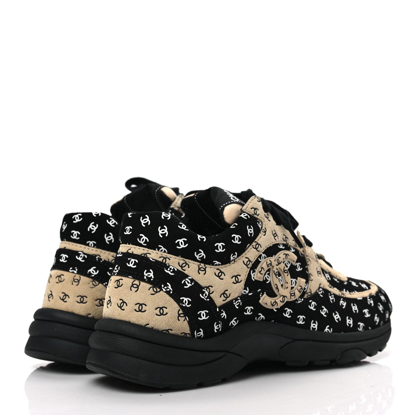 Nylon Suede Calfskin Printed CC Sneakers 37 Black Beige