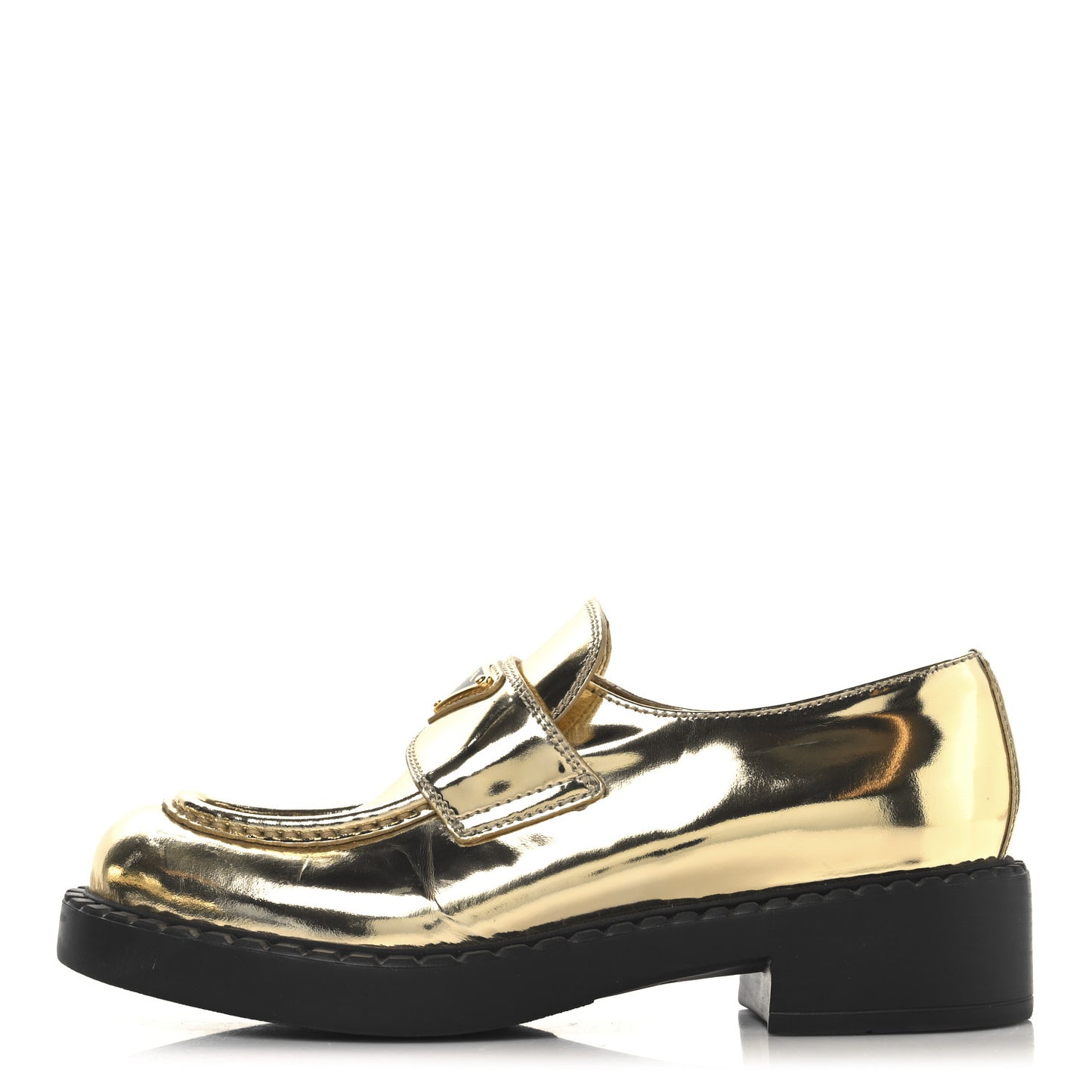 Metallic Brushed Calfskin Metal Triangle Logo 50mm Loafers 37.5 Platino