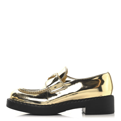 Prada Metallic Brushed Calfskin Metal Triangle Logo 50mm Loafers 37.5 Platino 1 of 10