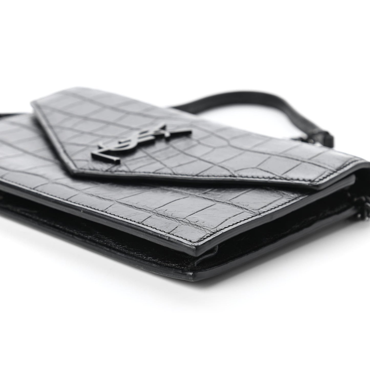 Calfskin Crocodile Embossed Monogram Envelope Chain Wallet Black