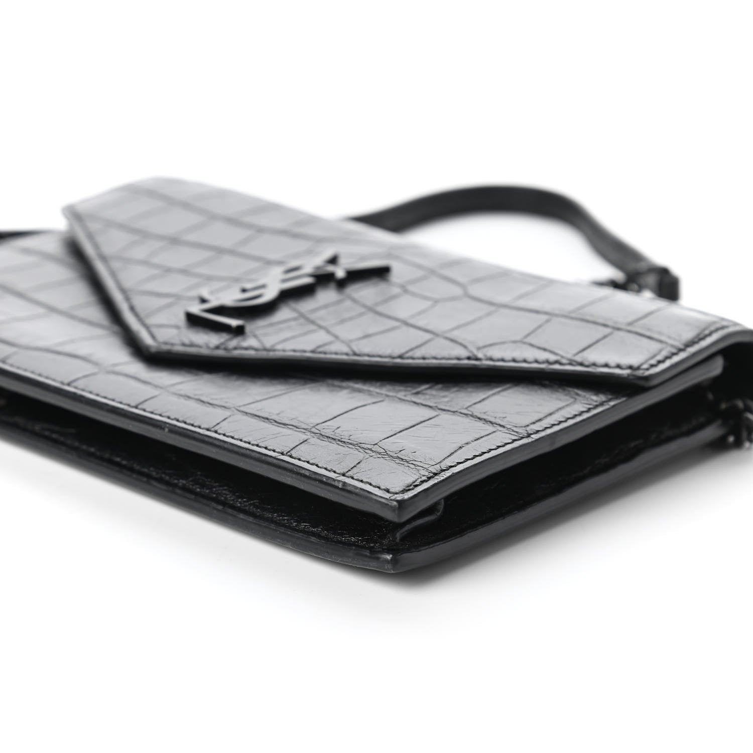 Saint Laurent Calfskin Crocodile Embossed Monogram Envelope Chain Wallet Black 7 of 10