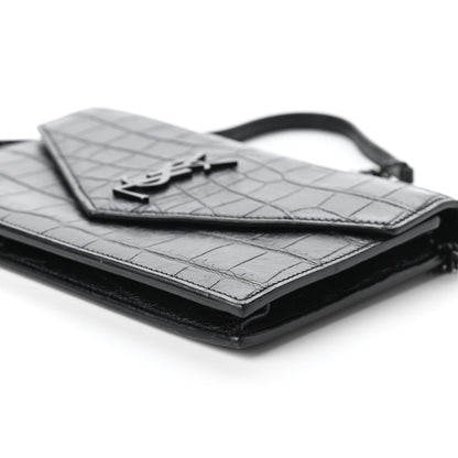 Saint Laurent Calfskin Crocodile Embossed Monogram Envelope Chain Wallet Black 7 of 10