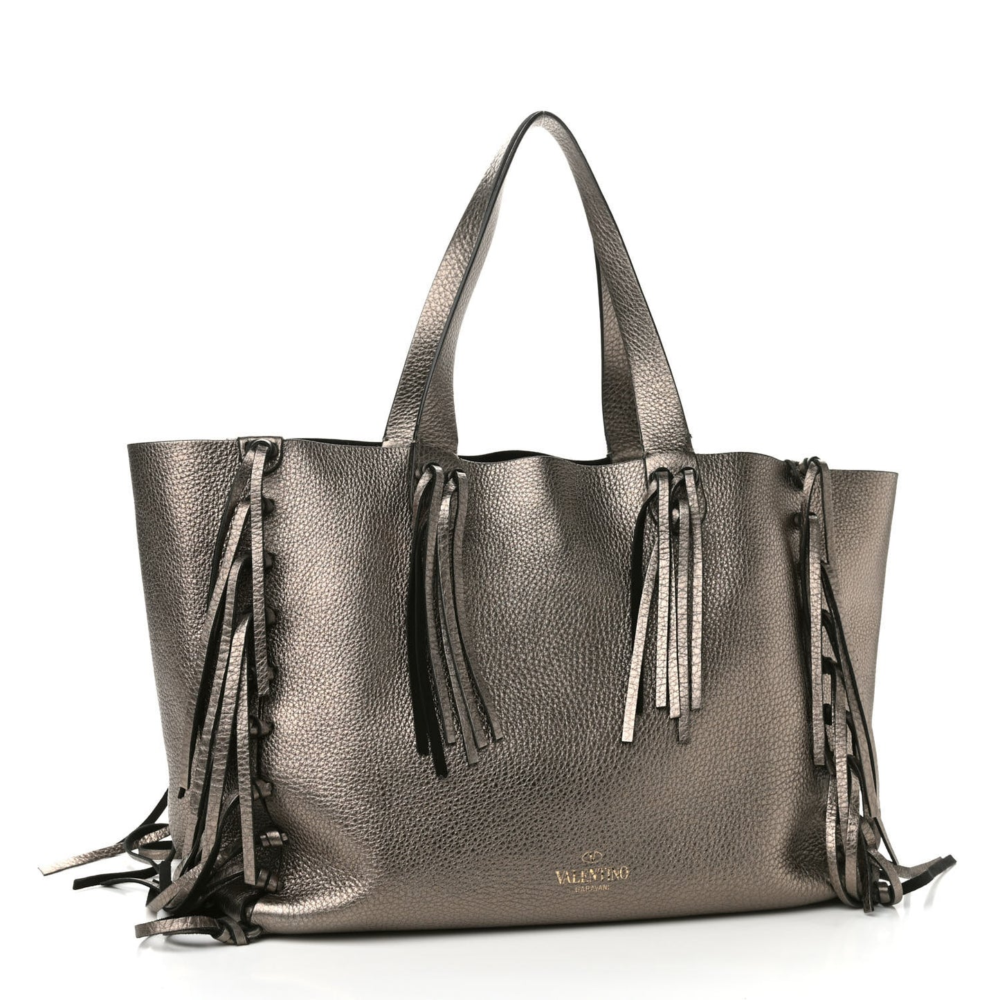 Metallic Grained Calfskin C-Rockee Fringe Tote Sasso