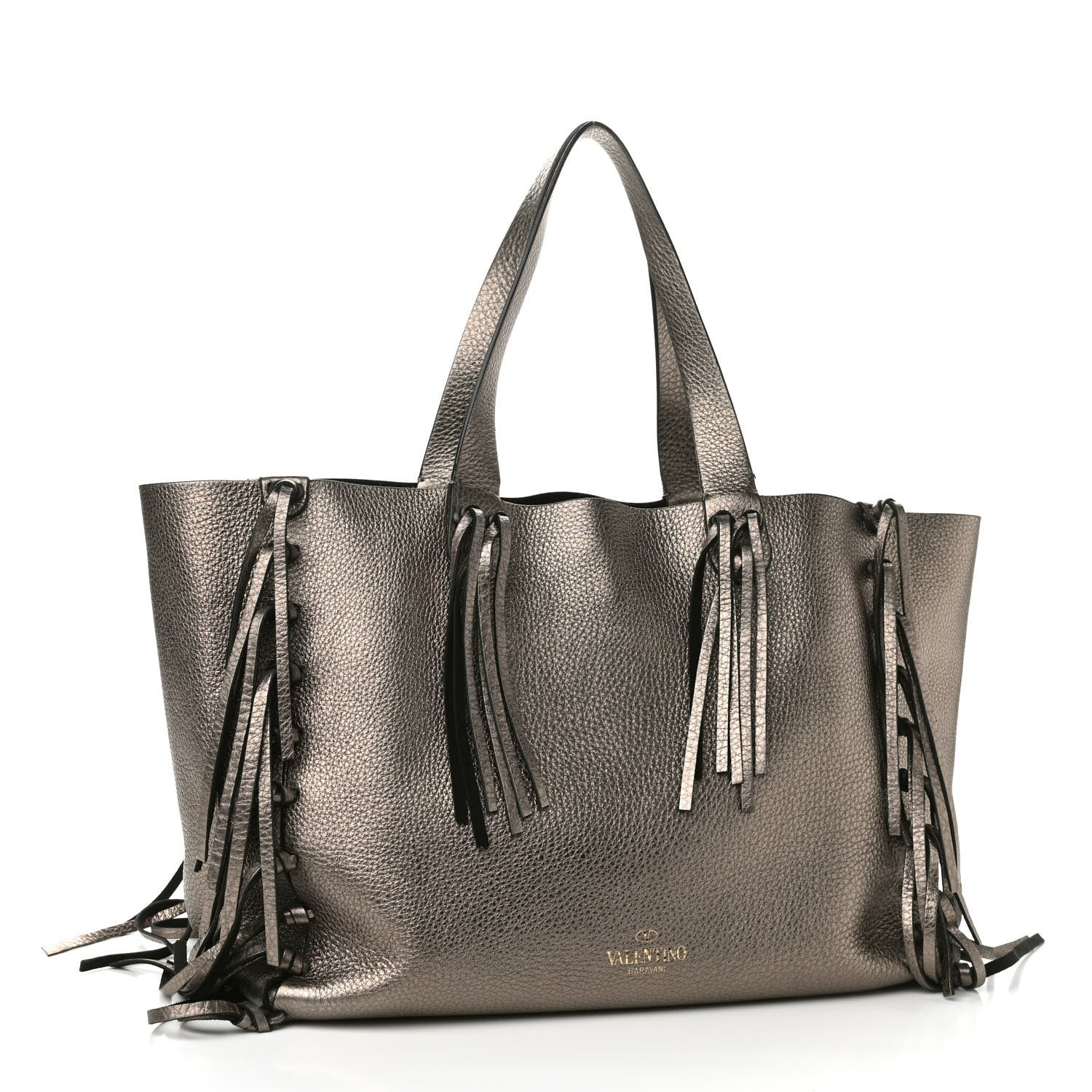 Valentino Garavani Metallic Grained Calfskin C-Rockee Fringe Tote Sasso 2 of 7
