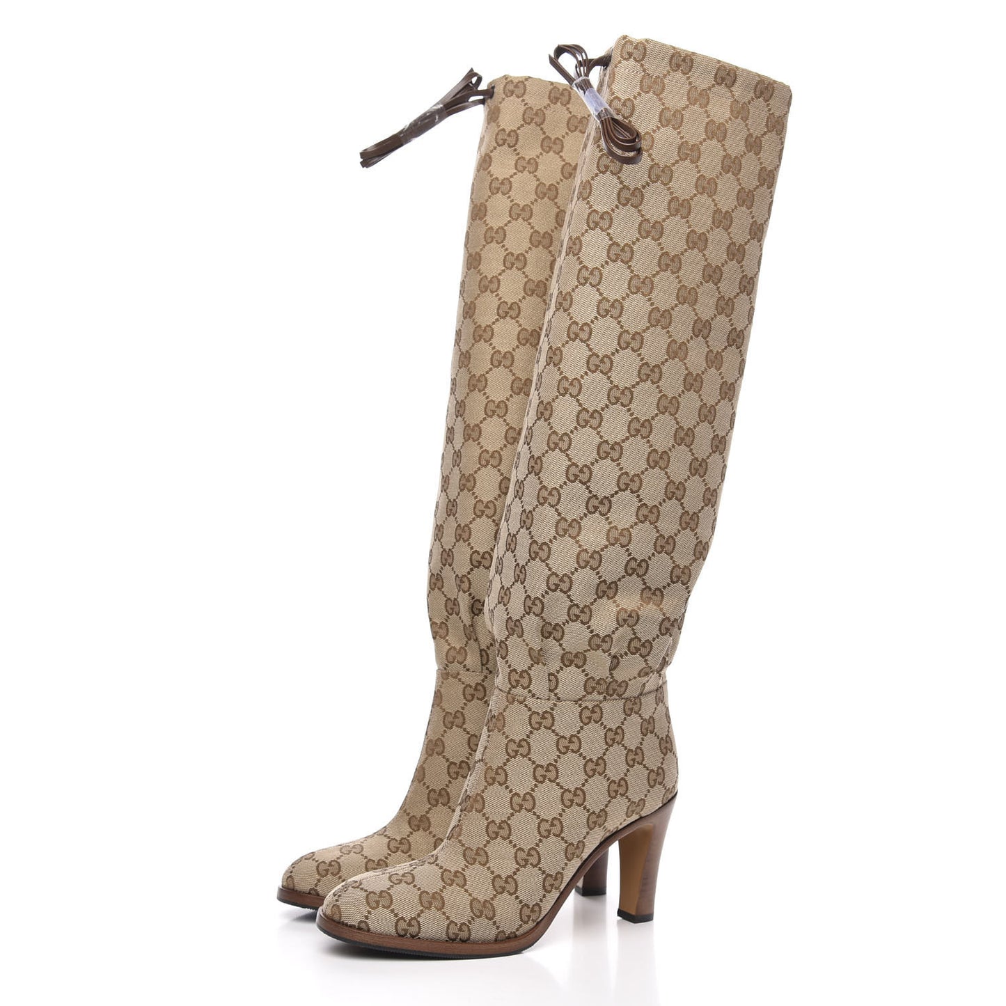 Monogram Malaga Kid Lisa Mid Heel Boots 37 Beige Ebony